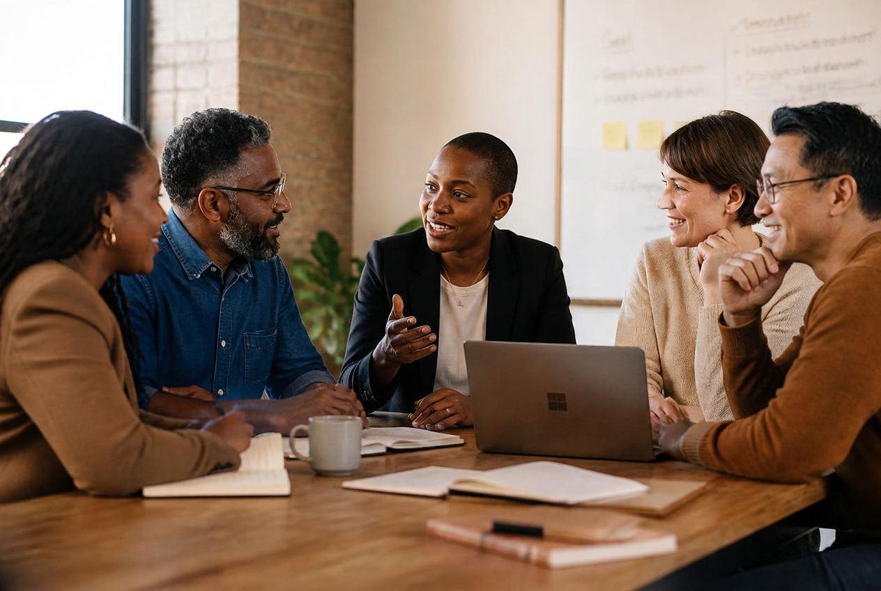 Katnova advisors collaborating around a table in a bright office